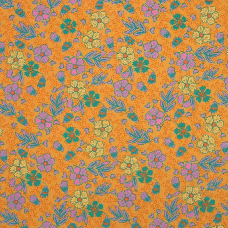 Popeline coton fleurs - orange