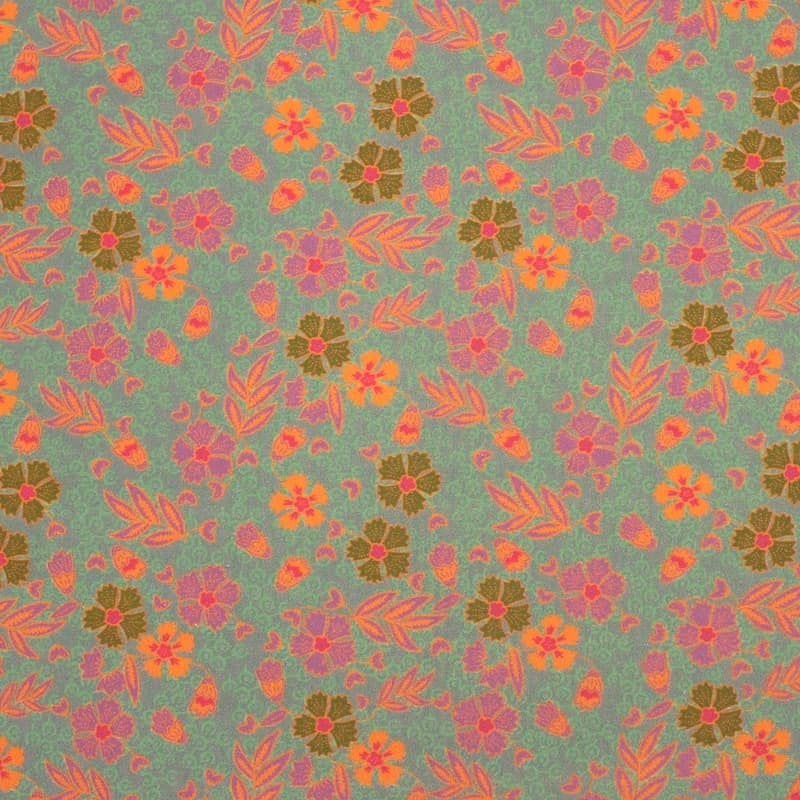 Popeline coton fleurs - vert