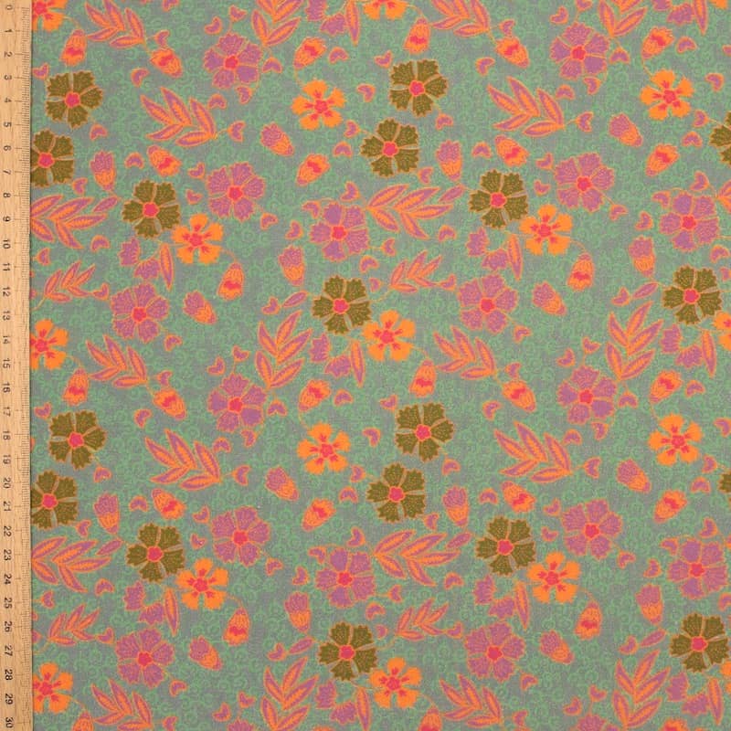 Popeline coton fleurs - vert