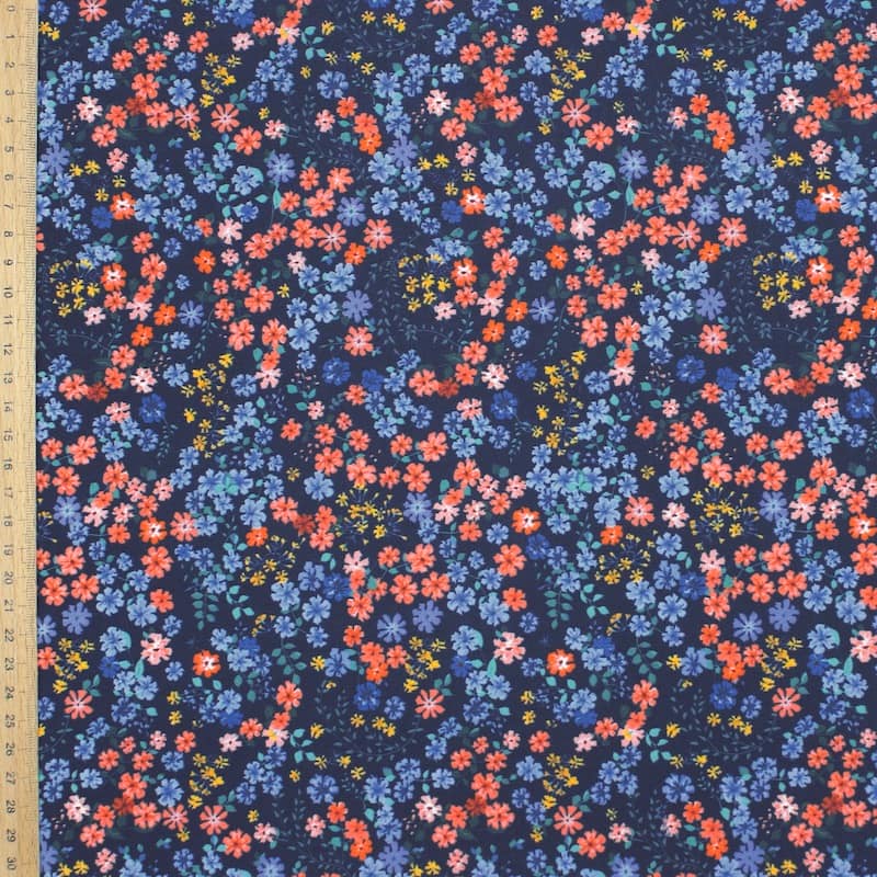Cotton fabric with flowers - navy blue