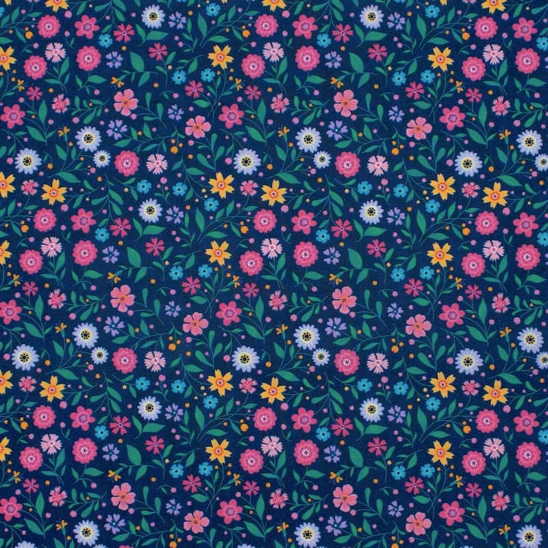 Cotton fabric with flowers - navy blue 