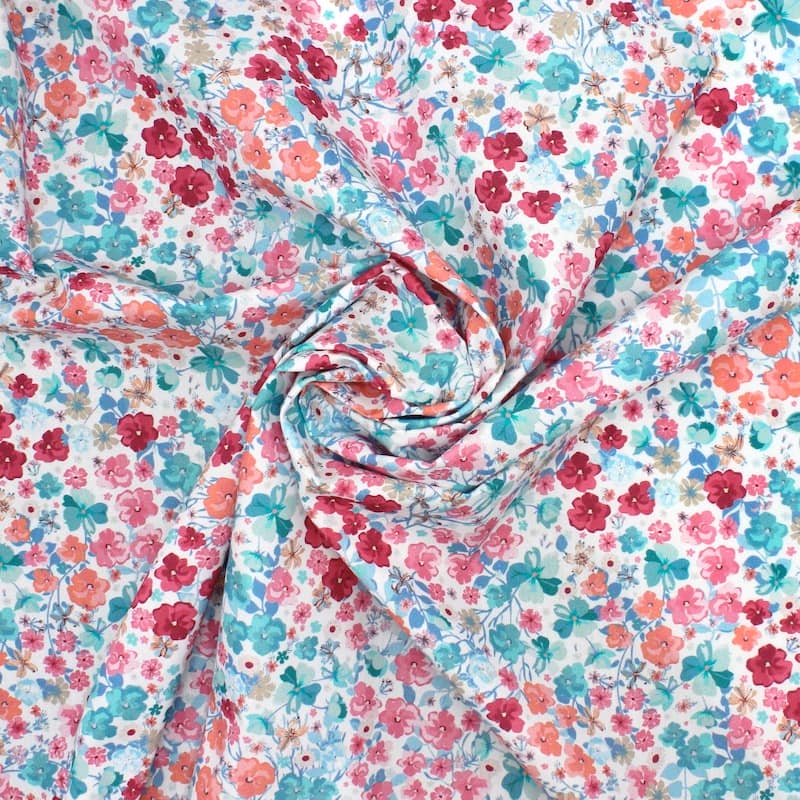 Cotton fabric with flowers - white
