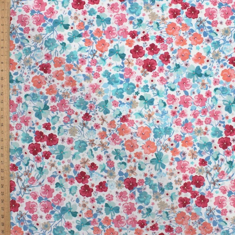 Cotton fabric with flowers - white