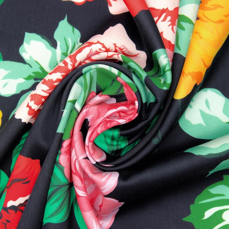 Satin cotton fabric with flowers - black 