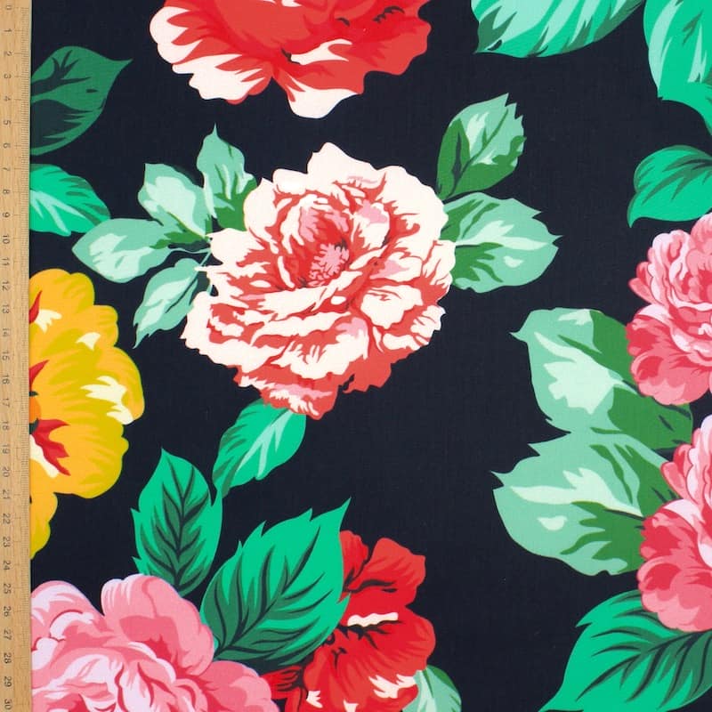 Satin cotton fabric with flowers - black 