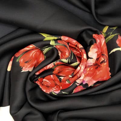 Panel of satin fabric with stripes and flowers - black 