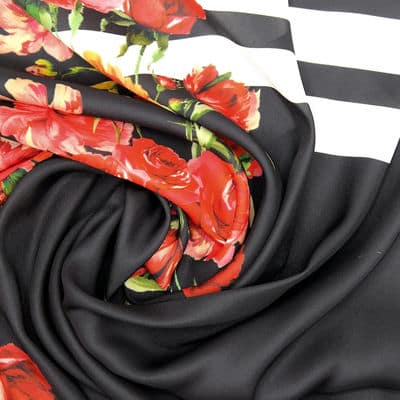 Panneau de tissu satin rayures et fleurs - noir