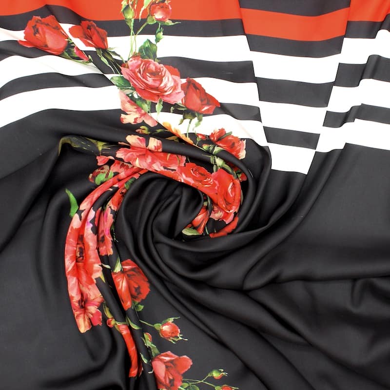 Panneau de tissu satin rayures et fleurs - noir