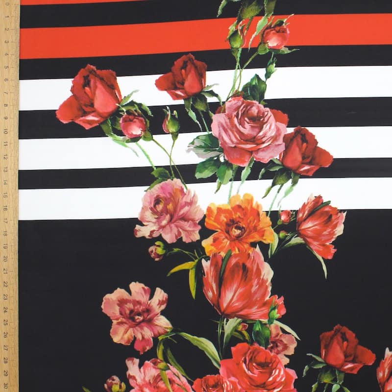 Panel of satin fabric with stripes and flowers - black 
