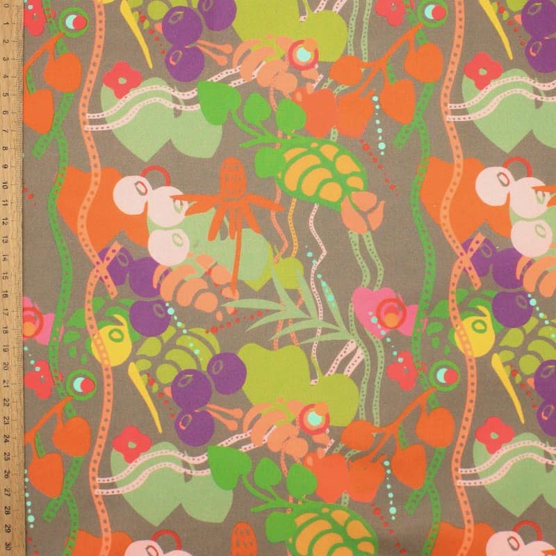 Coated cotton fabric with flowers and lianas - brown