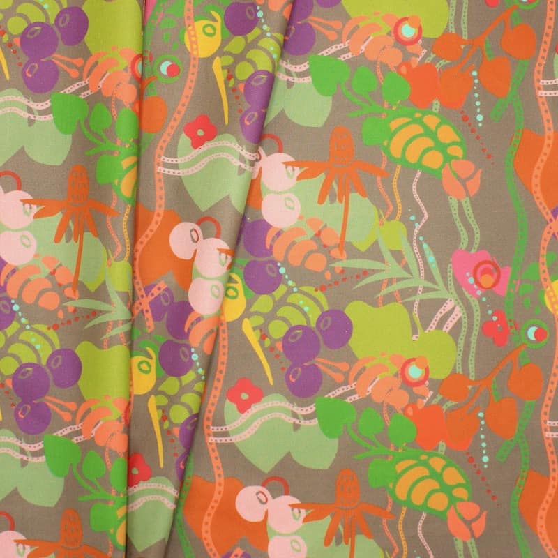 Coated cotton fabric with flowers and lianas - brown