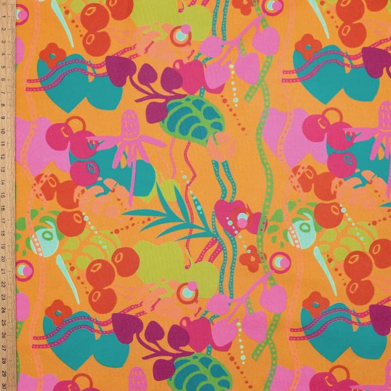Tissu coton enduit fleurs et liane - orange