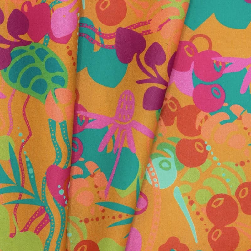 Coated cotton fabric with flowers and lianas - orange