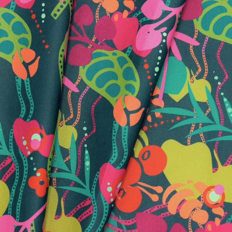 Coated cotton fabric with flowers and lianas - teal 