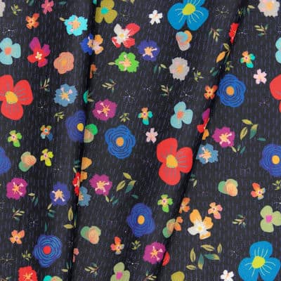 Coated cotton fabric with flowers - black