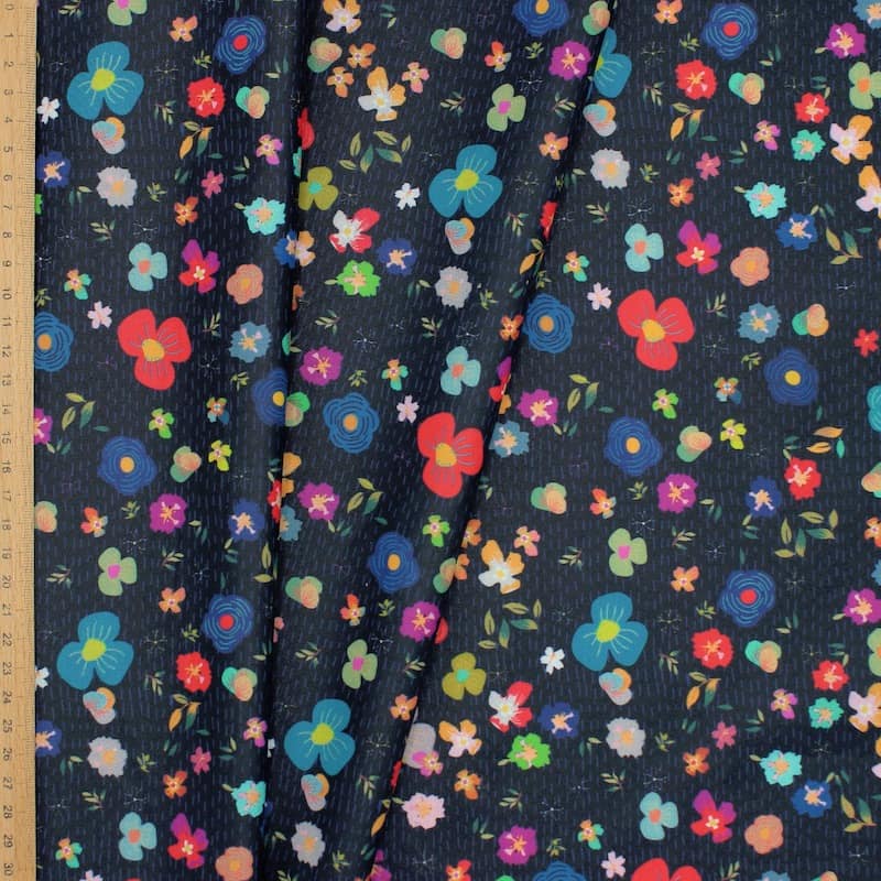 Coated cotton fabric with flowers - black