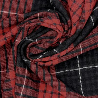Geruite stof in wol en polyester - zwart en rood 