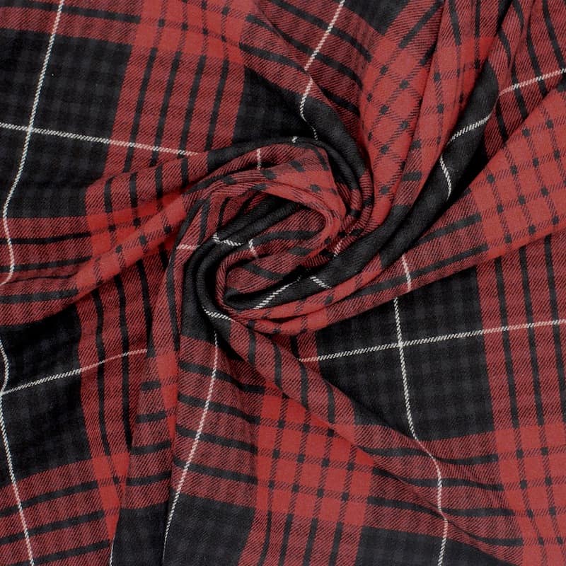 Checkered fabric in wool and polyester - black and red 