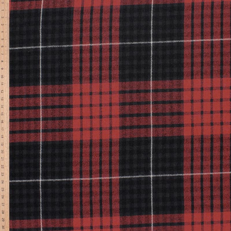 Tissu laine et polyester carreaux - noir et rouge