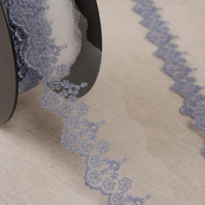 Embroidered tulle with flowers - denim blue