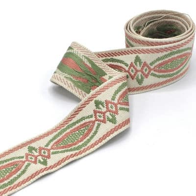 Vintage jacquard biesband - ecru, roos en groen 