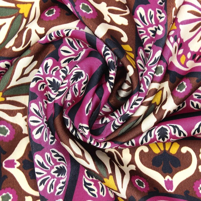 Satin fabric with flowers - fuchsia and brown 