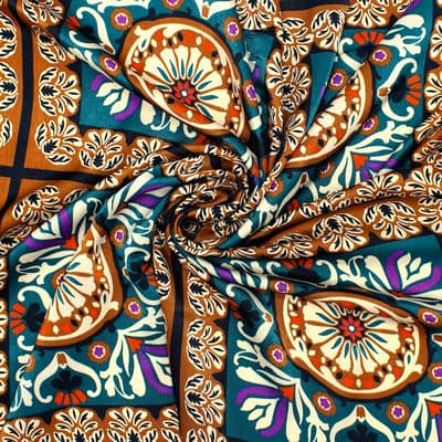Satin fabric with flowers - rust-colored and teal
