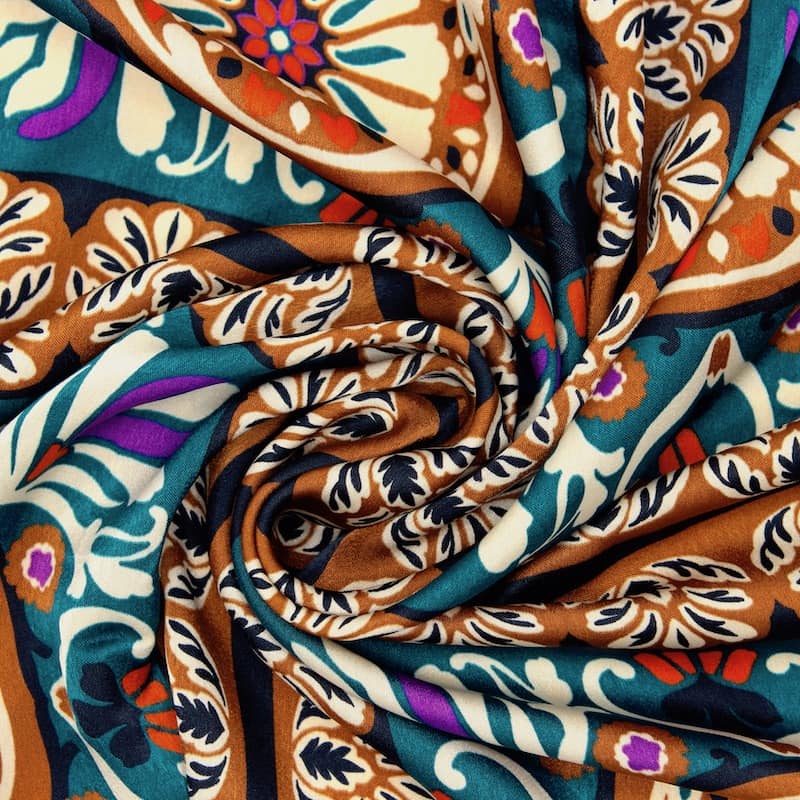 Satin fabric with flowers - rust-colored and teal