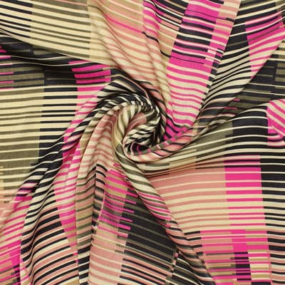 Satin fabric with graphic print - green and pink 