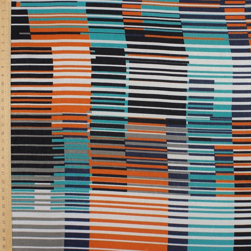 Satin fabric with graphic print - turquoise and orange