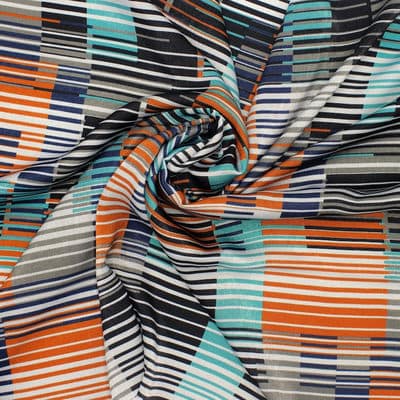 Satin fabric with graphic print - turquoise and orange
