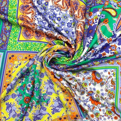 Viscose satin fabric with flowers - multicolored