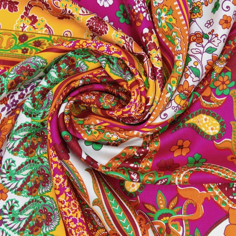Viscose satin fabric with flowers - multicolored