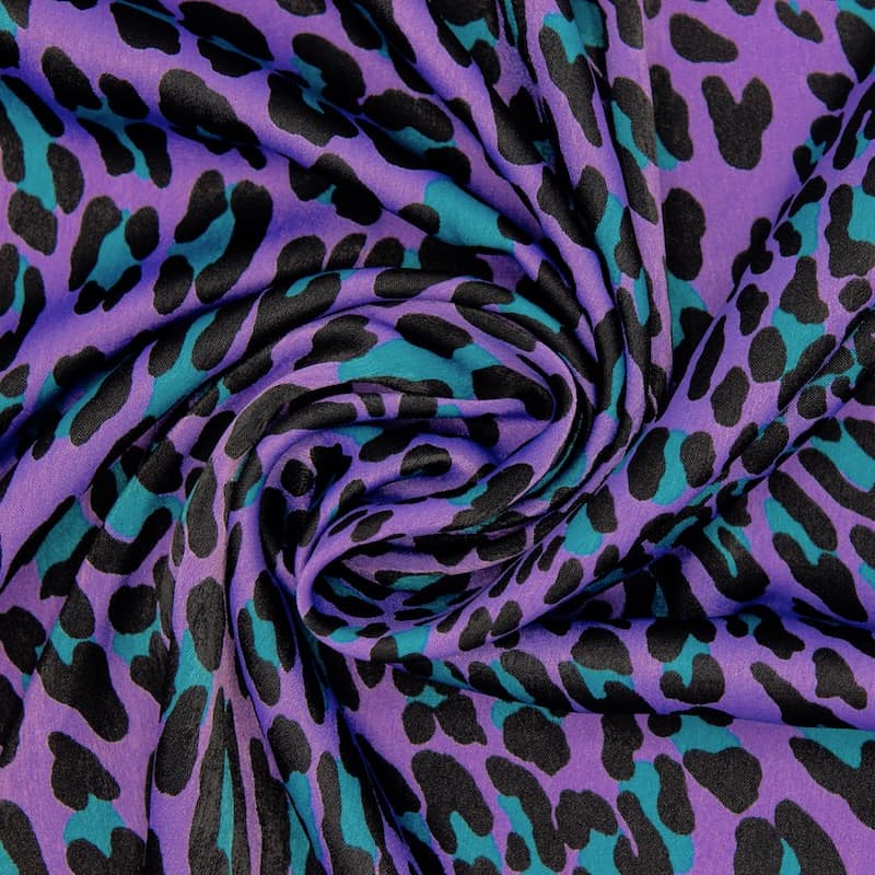 Satin fabric printed with animals - purple 