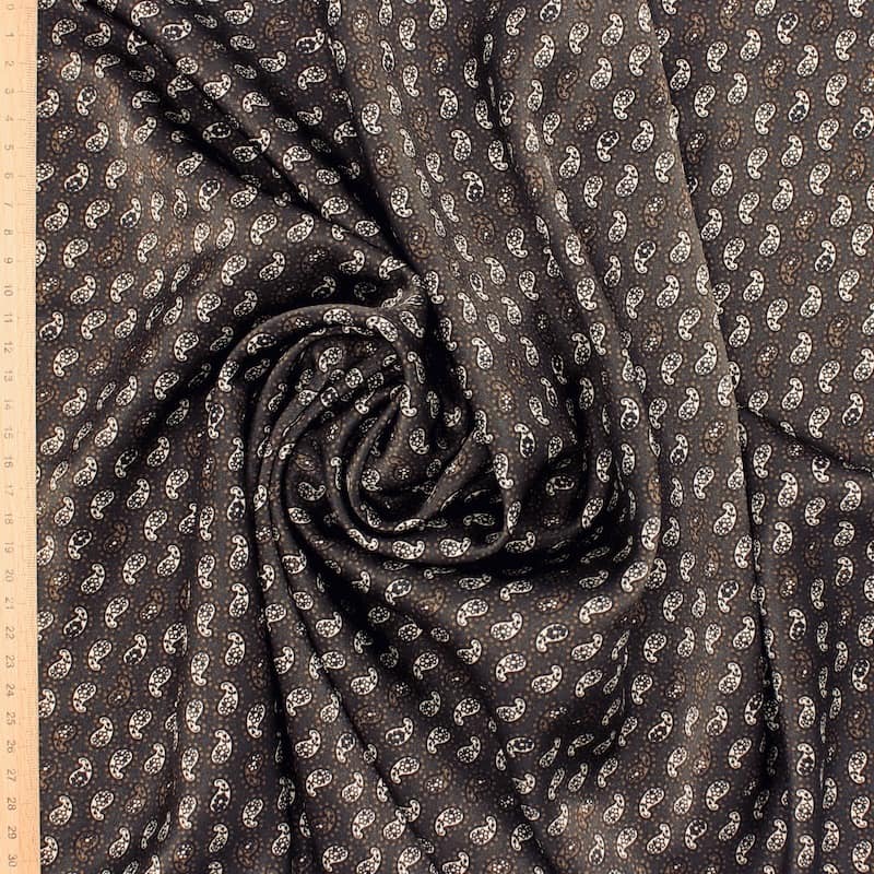Polyester satin fabric with paisley - brown 