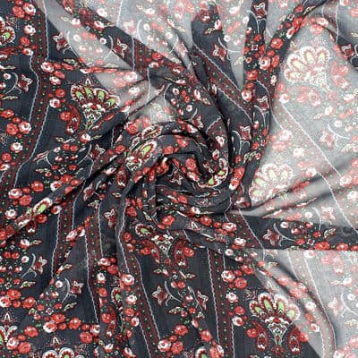 Tissu voile polyester fleurs - noir