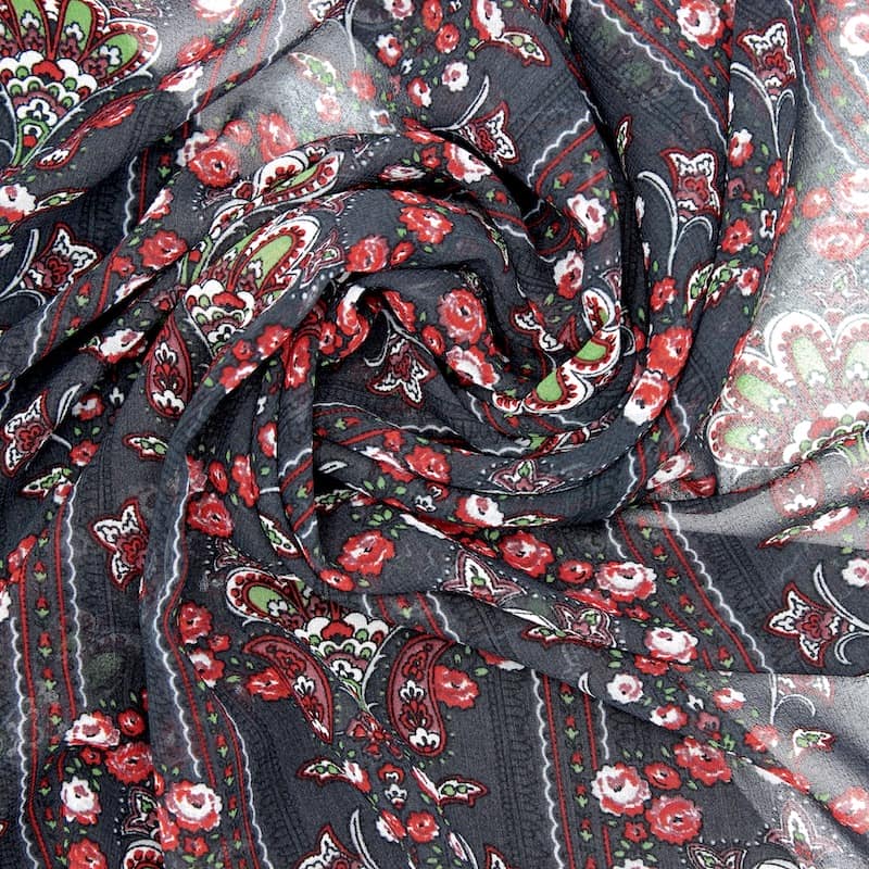 Tissu voile polyester fleurs - noir