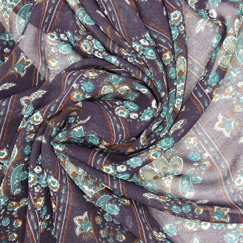 Polyester satin fabric with flowers - eggplant-colored