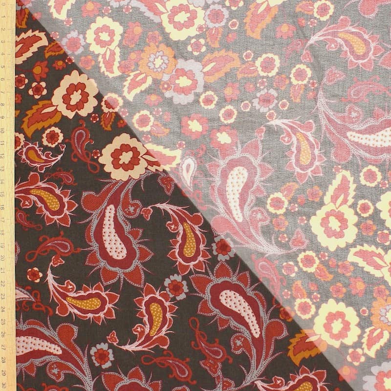 Polyester satin fabric with flowers - brown