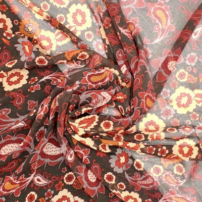 Polyester satin fabric with flowers - brown