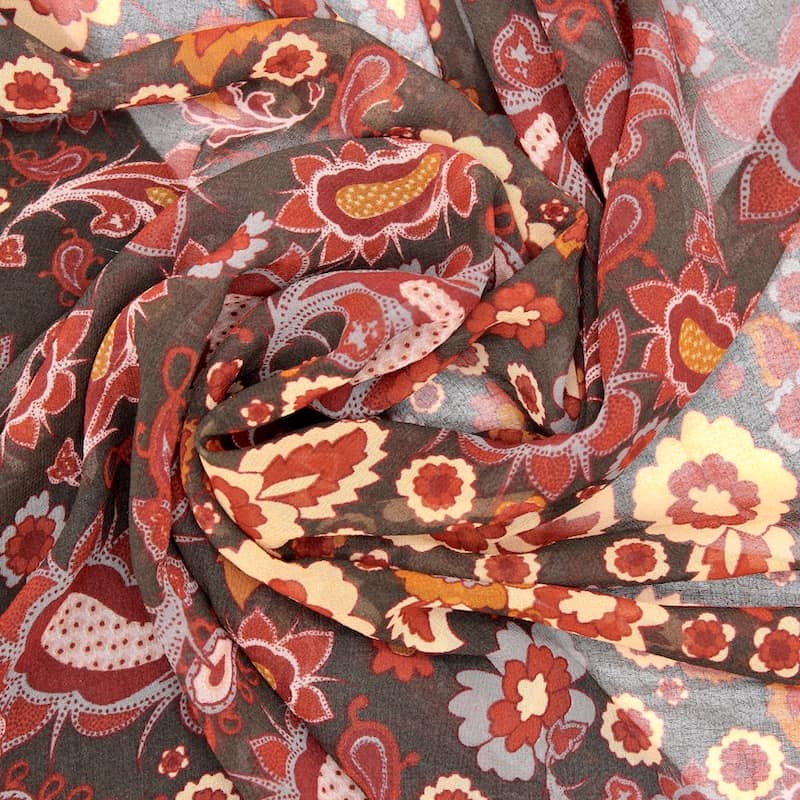 Tissu voile polyester fleurs - brun