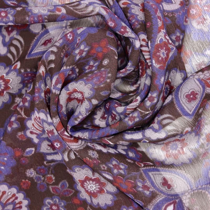 Polyester satin fabric with flowers - brown 