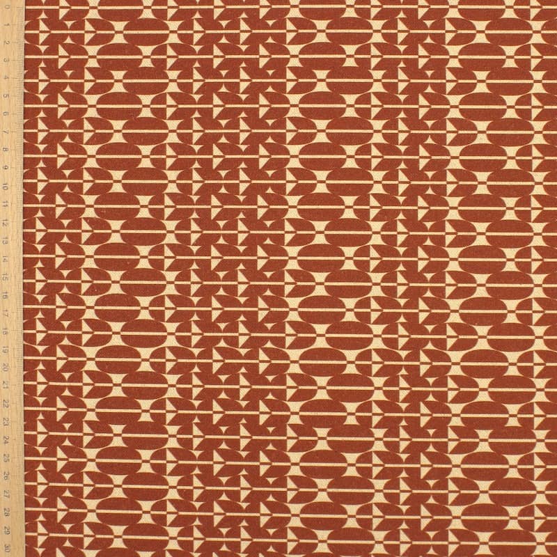 Stof in katoen en linnen met grafische print - baksteenbruin 