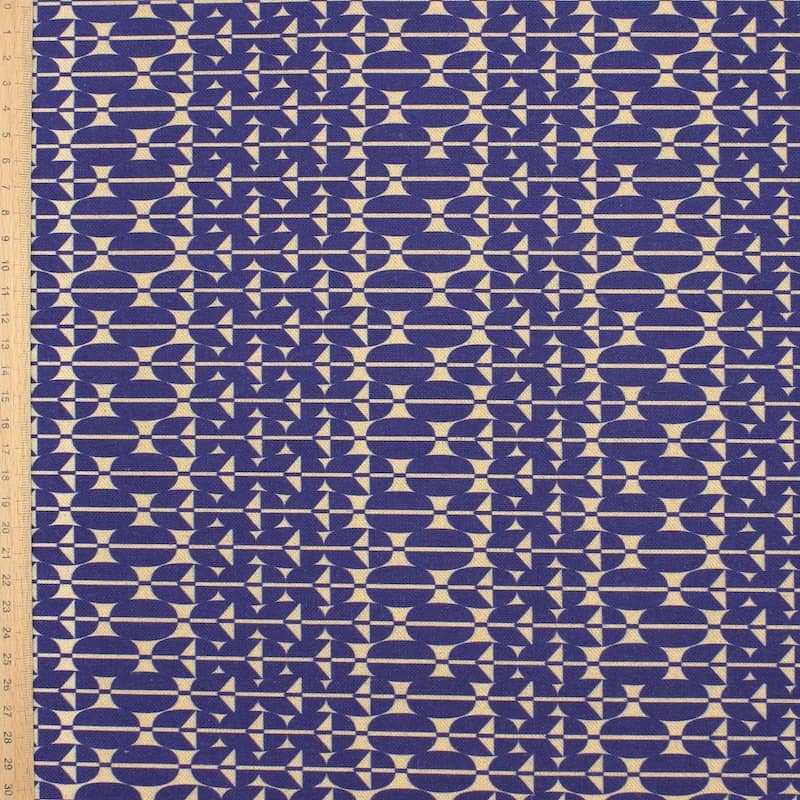Stof in katoen en linnen met grafische print - blauw