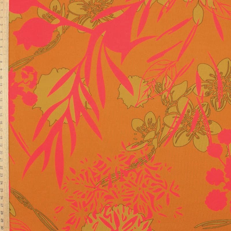 Cotton twill fabric with flowers - rust-colored