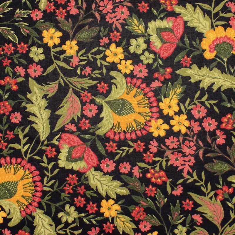 Coated cotton with flowers - black