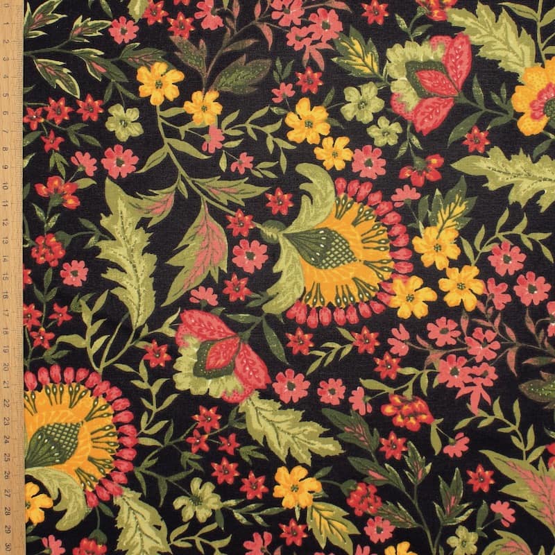 Tissu coton enduit fleurs - noir