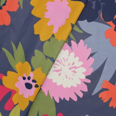 Coated cotton with flowers - navy blue 