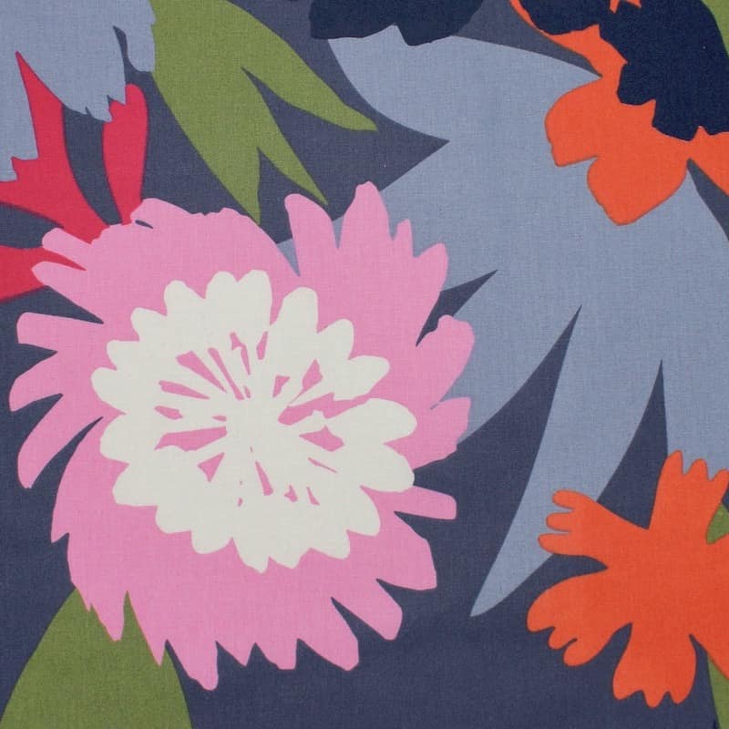 Tissu coton enduit fleurs - marine