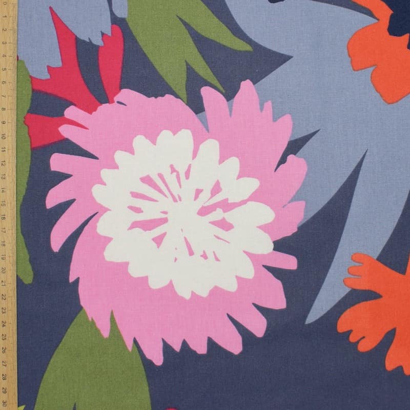 Tissu coton enduit fleurs - marine